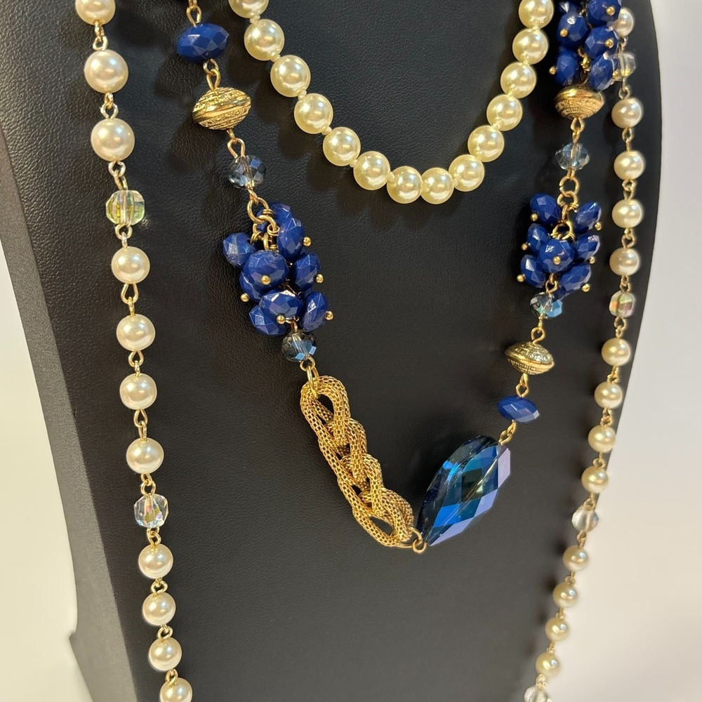 Pearl Necklace Gold Tone and Blue Maximalist Multi Strand Pirate Core